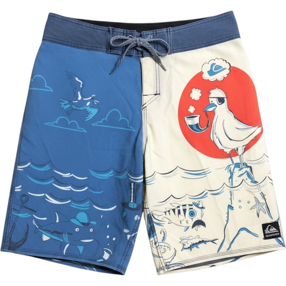 Quiksilver Board Shorts Men 30 Blue Cream Nautical Graphic Surf Trunks